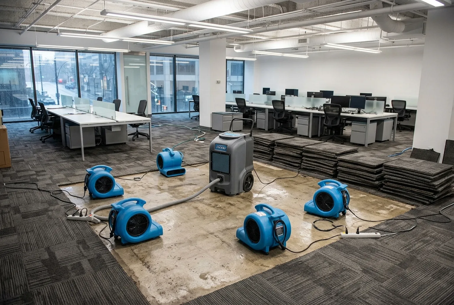 Drying equipment in an office with lifted carpet tiles