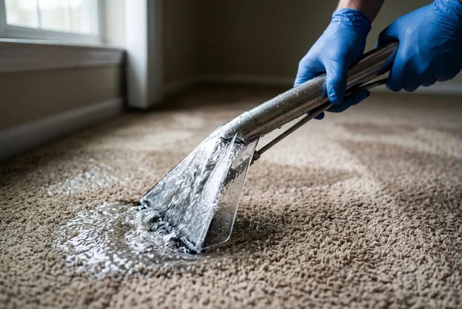 Water extraction wand pulling water out of wet carpet