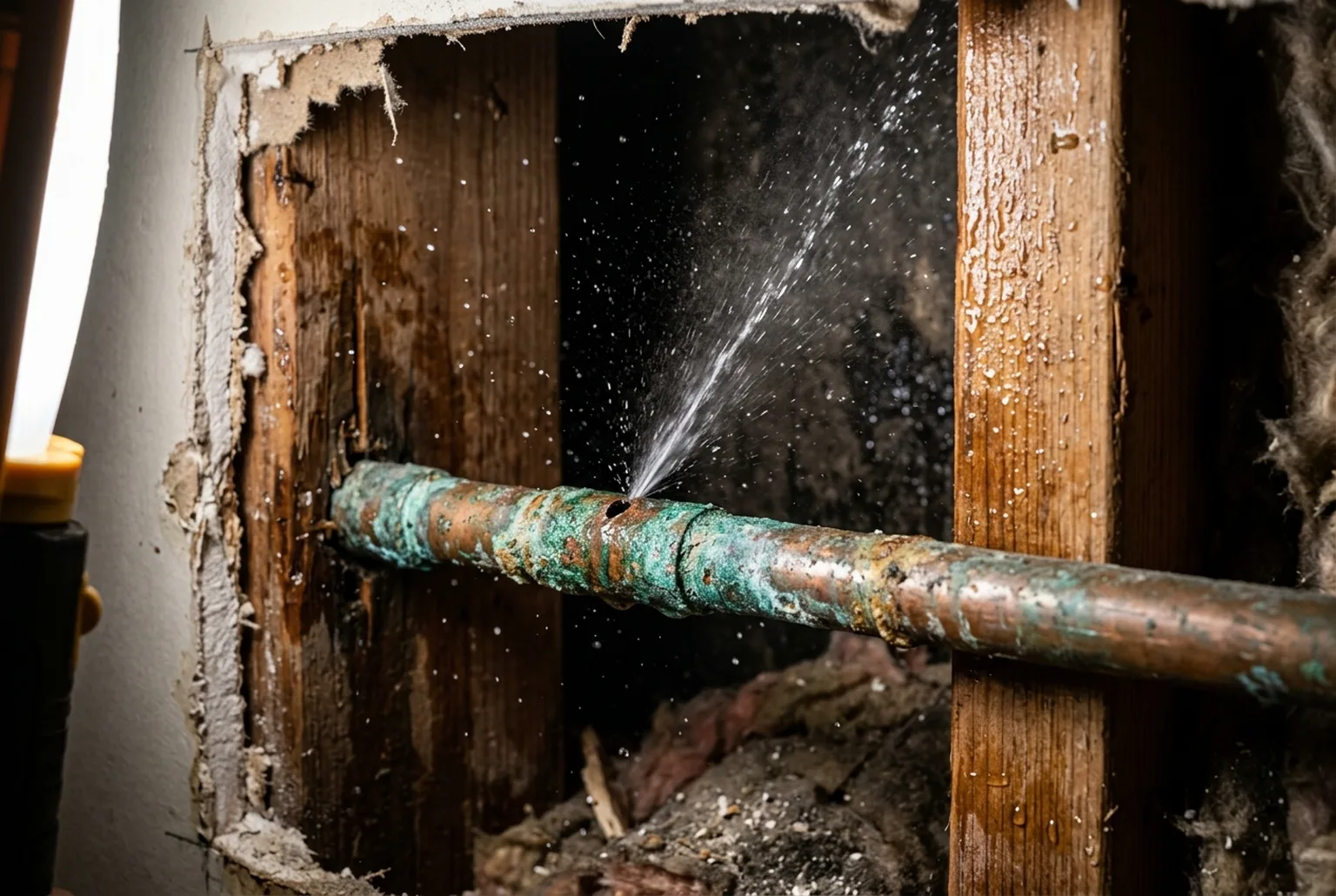 Copper pipe with a pinhole leak spraying a thin stream of water