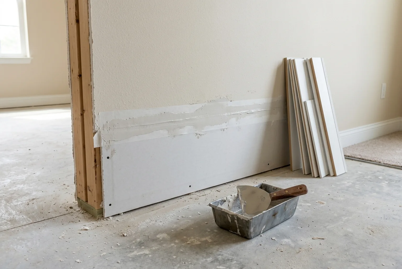 New drywall patch taped and mudded at the bottom of a wall